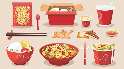 The cartoon modern set includes a hot, ready-to-eat noodle with additions, chopsticks, fried egg, and sausages in a red bowl, a paper box, and a plastic cup.