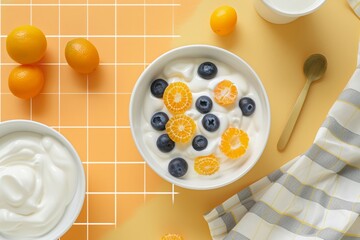 yogurt with blueberries and kumquats n a white bowl on a table in a minimalist style, top view
