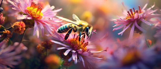 Bee pollinating small colorful flowers - obrazy, fototapety, plakaty
