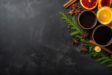 Concept for a winter beverage recipe, featuring options like punch, mulled wine, or a Christmas party cocktail. Includes a blank space for optional text, presented in a top-down flat lay view. - obrazy, fototapety, plakaty