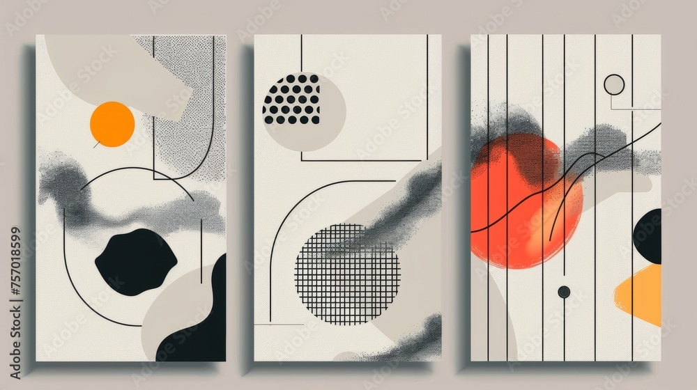 Poster posters in trendy y2k style with abstract grid shapes and patterns on grey backgrounds. modern banne