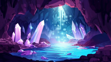 Waterfall with gemstone crystals in rocky walls in a cave with a river or lake. Deep landscape with rays of moonlight shining through an opening in the stone cavern.