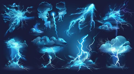 Lightning strike on the ground or floor with burst VFX effects, light balls, and smoke clouds. Cartoon modern illustration set featuring blue thunder bolts with flash and power energy splash.