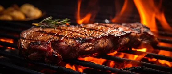 Foto auf Acrylglas Antireflex Beef steak cooking over flaming grill © Ashley