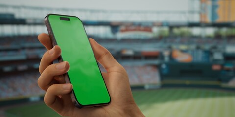 A hand holds a smartphone with a green screen at a baseball stadium - 757018981