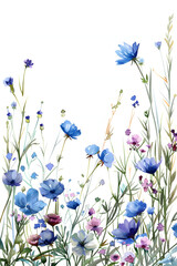 Fototapeta premium watercolor delicate blue and purple wildflower border of a card, 