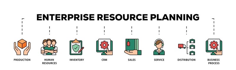 Enterprise resource planning infographic icon flow process which consists of production, human resources, inventory, crm, sales, service icon live stroke and easy to edit 