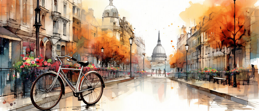 Bicycle city scene watercolor illustration hand drawn