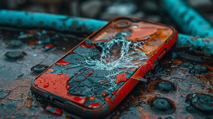 A broken cell phone sitting on top of a table 