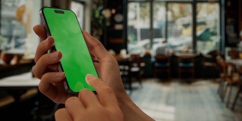 Person holding a smartphone with a green screen in a blurred cafe setting - 757019906