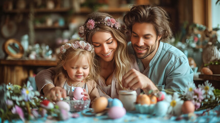joyfully family painting Easter eggs at home. kid and parents prepare for Easter