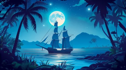 Foto op Canvas At night under full moon light, an old sailboat floats on the sea or ocean, nearby a tropical island with palm trees. Cartoon dusk marine landscape with wooden deck and sails. © Mark