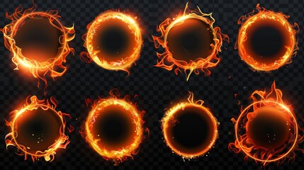 Set of circle fire frames isolated on transparent background. Modern realistic illustration of round orange borders burning with flame, smoke, and sparkles.