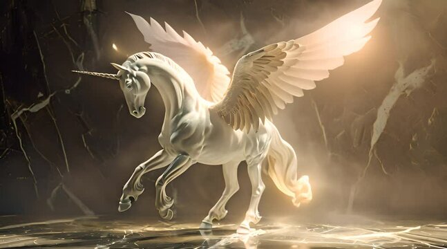 Majestic Winged Unicorn Statue in Mystical Light with AI generated.
