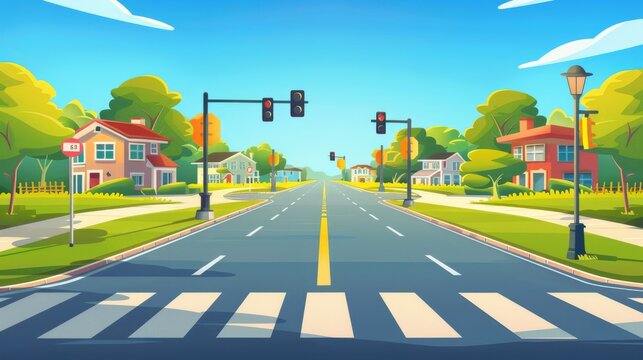Modern cartoon illustration of suburban town street with pedestrian crossing. There are houses, traffic lights, a bus stop sign on an empty road, green lawn and trees, blue skies, and a traffic
