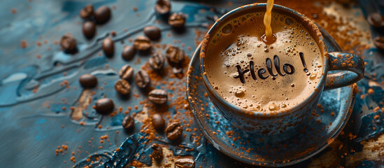 Artisanal Blue Ceramic Coffee Mug with 'Hello' Crema Message Surrounded by Coffee Beans on Rustic Table - obrazy, fototapety, plakaty