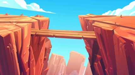 Summer cartoon landscape with danger road over high gap. Makeshift footbridge lying on sides of abyss on sunny day made of wood.