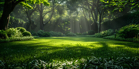 Beautiful blurred background image of spring nature with a neatly trimmed lawn surrounded by trees green forest with a sun shining on it background and wallpaper for home decor idea concept 