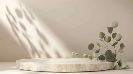 Modern realistic illustration of round marble stage for organic product presentation, exhibition display mockup with eucalyptus branch decoration on beige background.