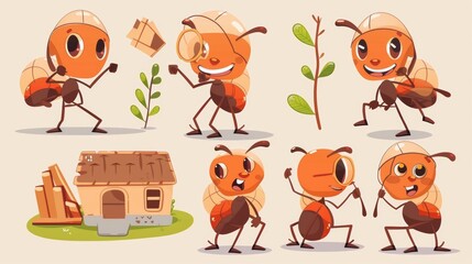 An adorable brown ant cartoon character in different poses. Illustration of a small ant in helmet stand with blueprints of a house and plant branch.