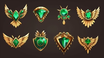 For game level rank design, a golden badge with green jewelry diamond and wings, as well as a cartoon modern image set of evolution details for award and ranking trophies.