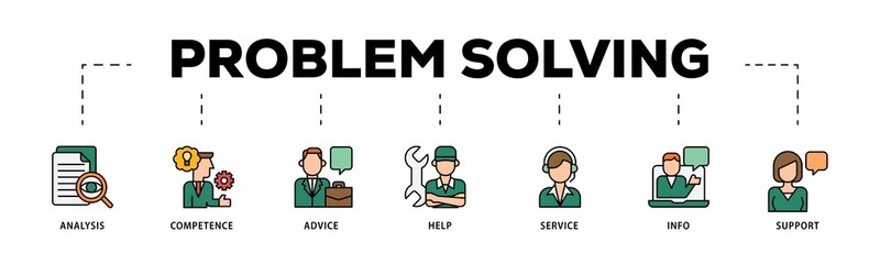 Problem solving infographic icon flow process which consists of analysis, critical thinking, creativity, emotional intelligence, research, team building  icon live stroke and easy to edit 