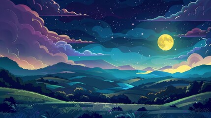 Grass, bushes and trees on hills, stars shimmering in dark sky, natural background with night mountain valley with moon shining in clouds. Modern cartoon illustration of beautiful Midnight Summer - obrazy, fototapety, plakaty