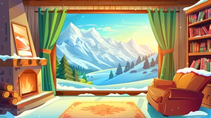 Schilderijen op glas Stylish village cabin interior with a snowy landscape outside the window and wood furniture inside. Cartoon modern chalet or hotel room inside. © Mark