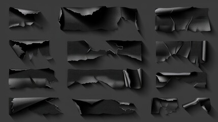 Glued, wrinkled plaster or scotch tape mockup set with realistic black adhesive duct tape pieces with crumpled effect. Collection of torn ripped plastic patch for masking or repair. - obrazy, fototapety, plakaty
