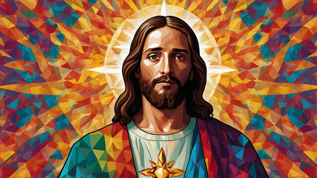 Jesus Christ capturing the essence of his life and the beauty of faith. Abstract background with Kaleidoscope colors style
