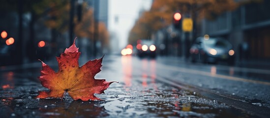 A maple leaf is resting on the wet asphalt road surface beside the sidewalk, illuminated by automotive lighting from passing cars in the city - obrazy, fototapety, plakaty