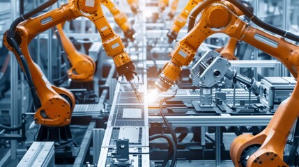 Automated robotic arms on an assembly line efficiently assembling automotive parts - Powered by Adobe