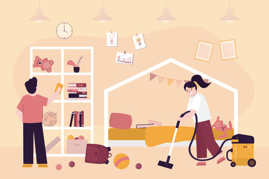 Children put away toys and vacuum in nursery or bedroom. Kids cleaning team doing household chores. Family teamwork, cleaning. Children help parents with housework