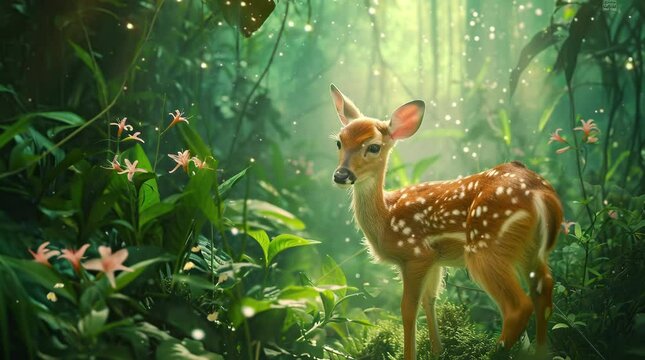 Graceful deer roaming in lush tropical forest Seamless looping 4k time-lapse virtual video animation background. Generated AI