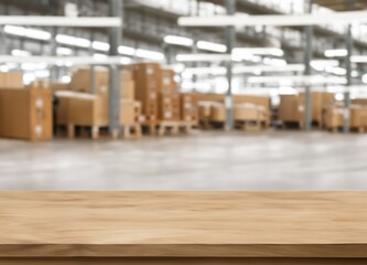 Wood table with blurred warehouse