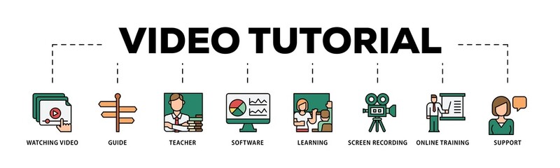 Video tutorial infographic icon flow process which consists of watching video, guide, teacher, software, learning, screen  recording, online training, support icon live stroke and easy to edit 