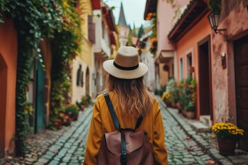 Fototapeta premium Traveler Exploring Colorful Old Town Alley