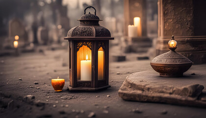 Ai generative classical Arabian and Persian lantern lamps Inside there was a single lit candle. And the lamp has details that gently imitate nature. Create a background in the atmosphere of an ancient