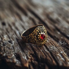 Vintage Ornate Ring on Rustic Wood