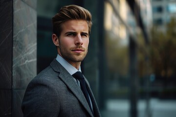 Fototapeta premium Portrait of handsome businessman in suit looking at camera while standing in office