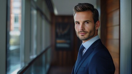 Naklejka premium Portrait of handsome businessman in suit looking at camera while standing in office