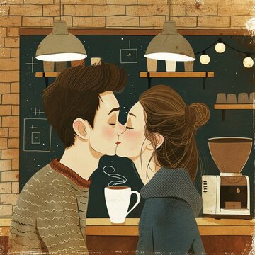 Ein P&auml;rchen k&uuml;sst sich bei einem Date im Caf&eacute;