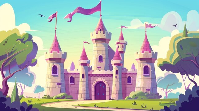 The medieval royal castle has a flag on the tower, the windows, and even the gate. The illustration belongs to the fantasy fairytale ancient kingdom fortress palace or fort set.
