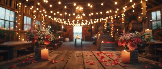 Romantic Rustic Elegance, beautifully arranged rustic wedding venue, with warm fairy lights strung overhead, wooden tables adorned with candles and petal strewn pathways, creating romantic atmosphere