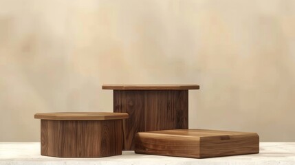 Brown wooden product podium in the shape of a square, hexagon, and pentagon. High and small platforms with wood texture for displaying natural goods.