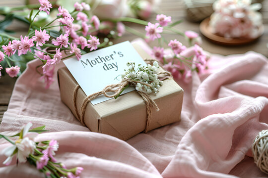 A greeting card for Mother's Day with flowers and a gift box on a pink background with the inscription Mother's Day , very colorful and delicate.