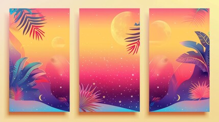 This retrowave poster set has elegant decoration with floral elements, moon symbols, and a star icon on a yellow gradient background and a Y2K banner.