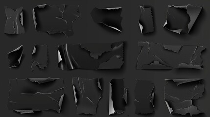 Realistic modern black adhesive duct tape pieces with a crumpled effect. High quality torn ripped patch for patching and masking. Mockup of glued cut wrinkled plaster or scotch tape. - obrazy, fototapety, plakaty