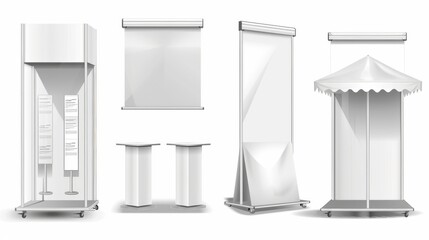 Realistic illustration set of empty portable kiosks for product presentation and exhibition. Blank retail trade and promoter stand.