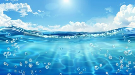 Background with blue sky and sea water and air bubbles under waterline, transparent clear waves, a sunny day with clouds, a natural environment. - obrazy, fototapety, plakaty